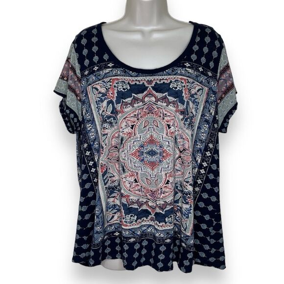 Lucky Brand Cotton Modal Short Sleeve Boho Navy Blue Medallion T Shirt Women 1X - Picture 1 of 14